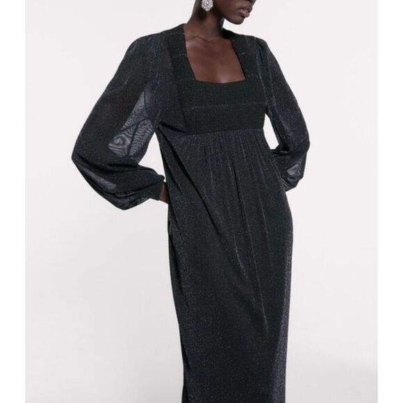 ZARA Black Metallic Thread Sparkle Knit Square Neck Size Small - Picture 2 of 8